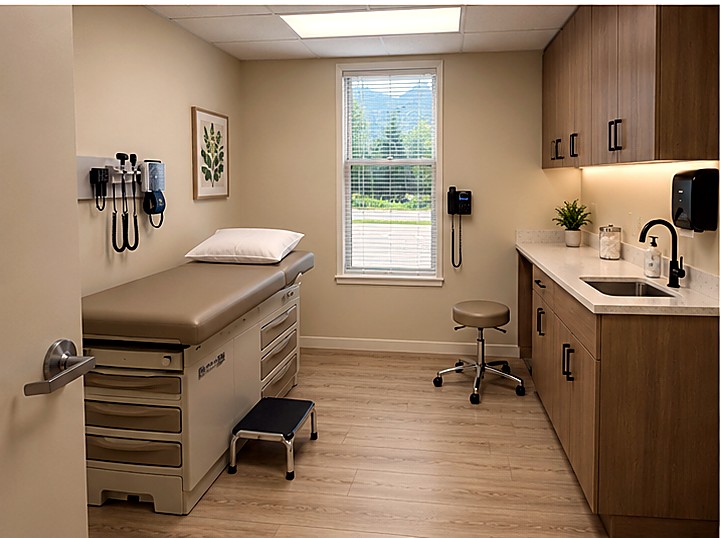 Cedar Clinic exam room with an exam table and cabinets